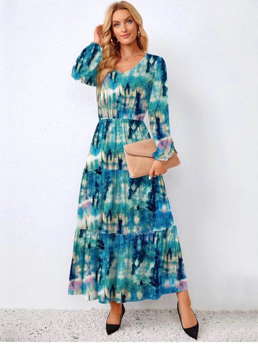 Tie-Dye Teal V-Neck Tiered Maxi Dress